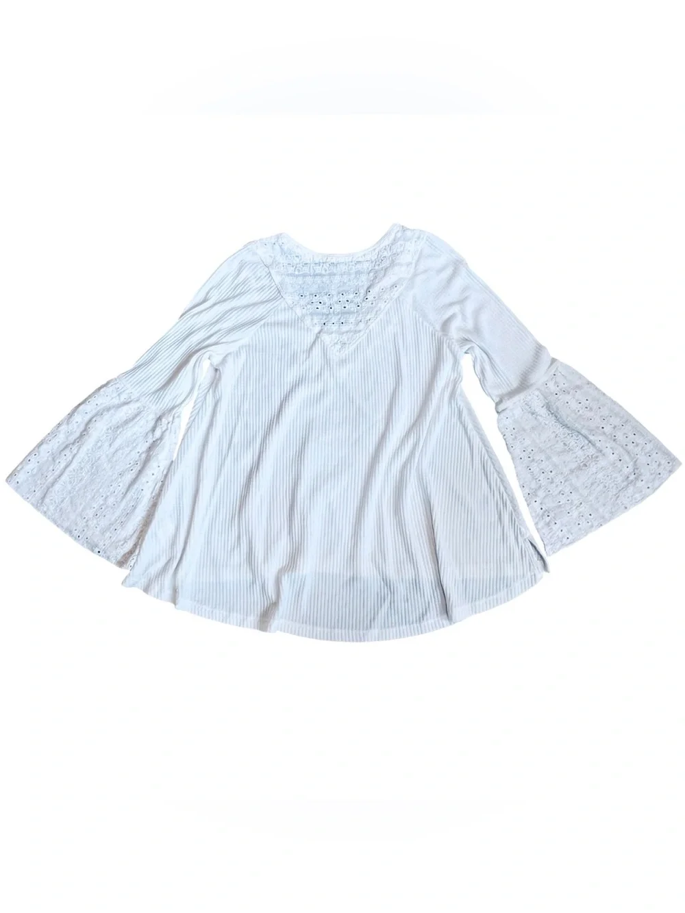 Free People Women’s Sz S White Eyelet Lace Top Bell Sleeve Parisian Nights Knit